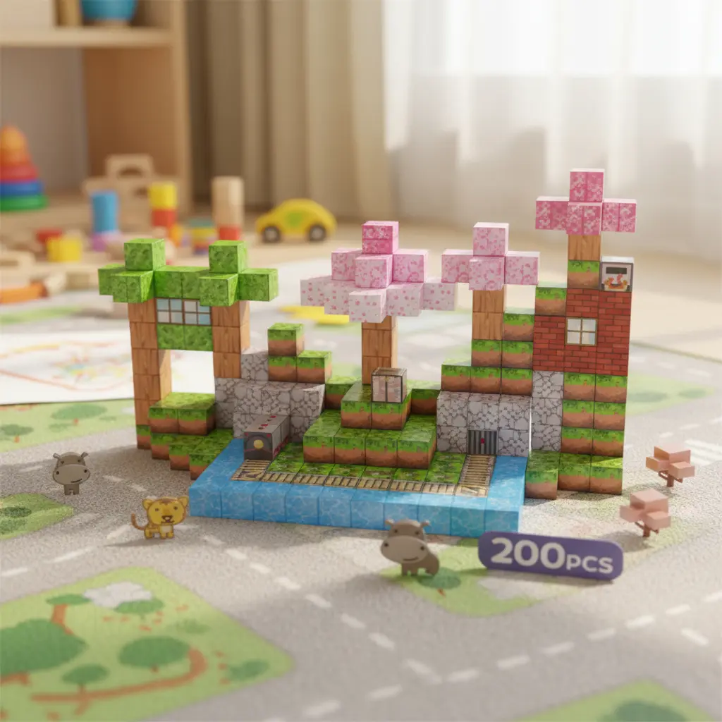 Set 200 Cuburi magnetice MineCraft Jucarii Stem de construit Castel