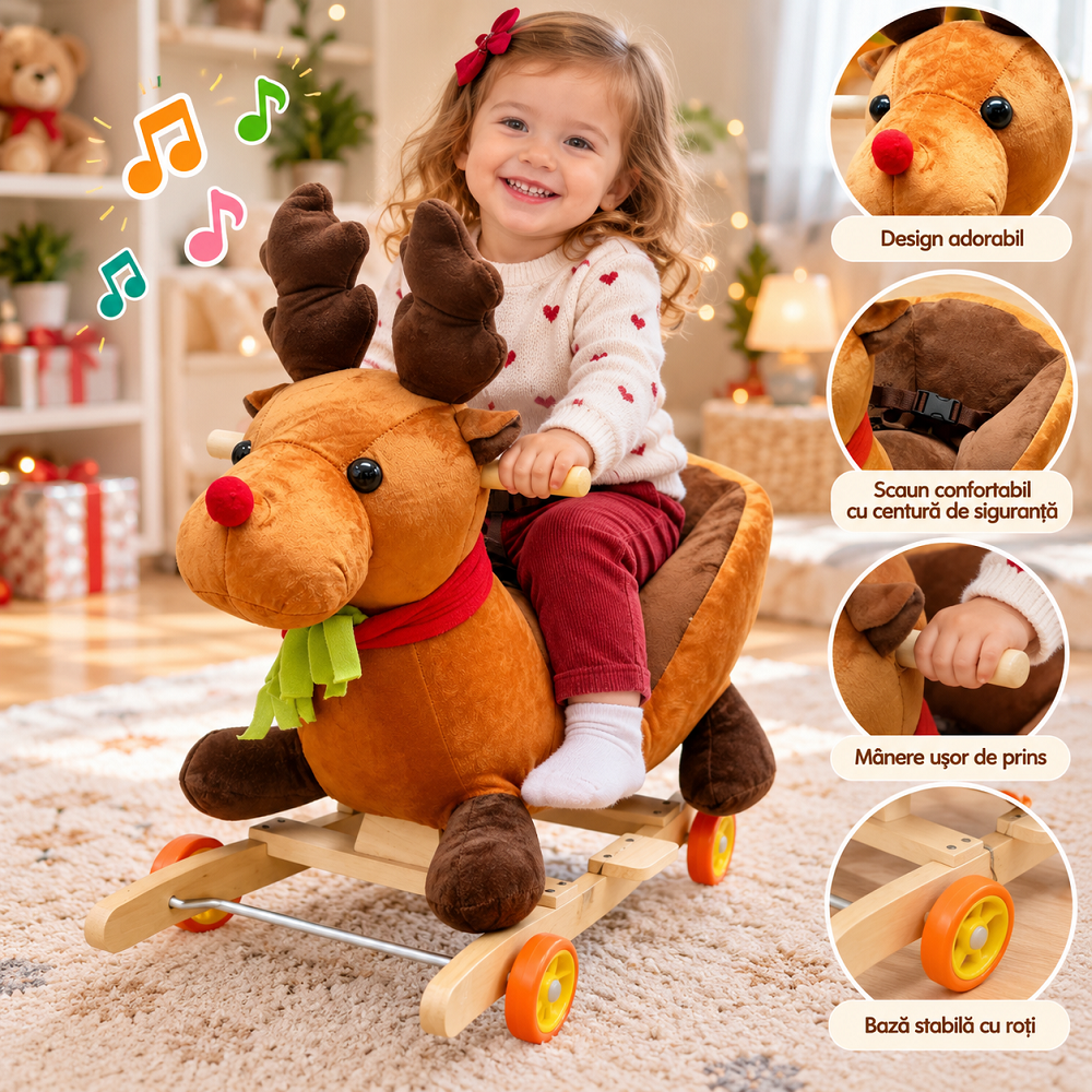Balansoar copii Renul din plus muzical cu roti mobile Rudolf